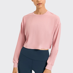 Camisetas atléticas de secado rápido para mujer, tops cortos con mangas largas y cuello redondo, camisetas sueltas de yoga para correr a diario - Product Image 1