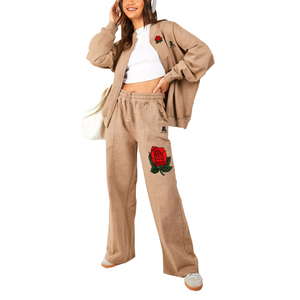 Premium Quality Winter Women Acid Wash Chenille Embroidery 100% Cotton Heavyweight <b>Eco</b>-Friendly Tracksuit Set - Product Image 1