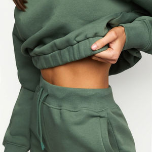 New style Custom Logo Women's Casual Solid regular Length Winter Long <b>Sleeved</b> Fleece Hoodie Jogger Stacked Pants - Product Image 3