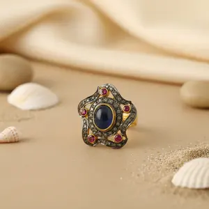 Bague de cocktail élégante en acier inoxydable avec incrustations de saphir et de rubis pour femmes - Product Image 3