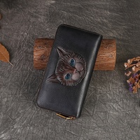 Dompet Kartu Panjang Premium Berbahan Kulit Asli dengan Ritsleting RFID dan Motif Kucing, Fashion Unisex