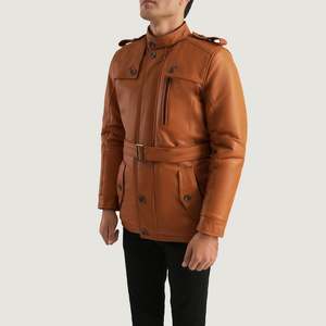 Hunter Tan Brown Genuine Sheepskin Leather <b>Jacket</b> Casual Outwear with Zippered Closure and Water Proof Coating [FS] - Product Image 2