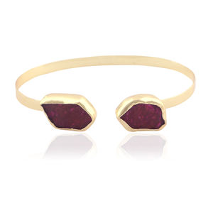 Statement Gift Jewelry Double Stone Dyed <b>Ruby</b> Collet Setting Cuff <b>Bracelet</b> Solid Brass Gold Plated Front Open Adjustable Bangles - Product Image 2