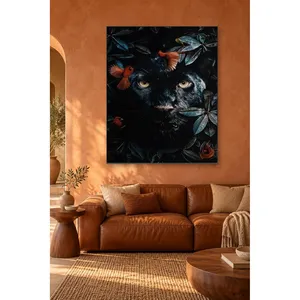 ภาพพิมพ์บนผ้าใบลายเสือดำฟิดาและนกคาร์ดินัลท่ามกลางใบไม้ - Product Image 1