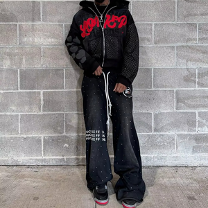 Custom Logo <b>Distress</b> Embroidery Tracksuit Men <b>Top</b> Trendy Product Heavyweight 500 GSM Rhinestone Zipper Tracksuits for Men's - Product Image 5