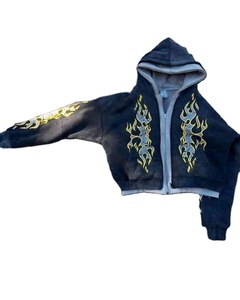 Streetwear décontracté blanc poids lourd hommes Patch broderie fermeture éclair Double couche à capuche en détresse lavé à l'acide sweats à capuche - Product Image 2