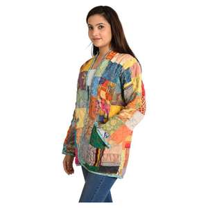 Style Boho Vintage Kantha Veste Réversible Tissé Coton Patchwork Manteau Recyclé Casual Wear Méthode Tissée - Product Image 5