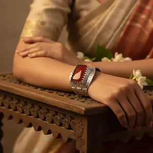 Women's Statement <b>Bracelet</b> with Silver Carnelian Stone 14K <b>Gold</b> Rhodium Plated Featuring Topaz Diamond <b>Pearl</b> Jewelry - Product Image 2