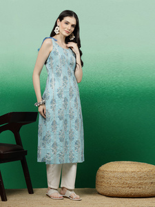 Kurtis Rama de Algodón Azul Turquesa con Estampado Digital para Mujer, Colección Sencilla de Verano para el Trabajo, Corte Regular, En Stock, Estilo Indio - Product Image 4