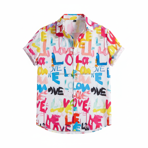 Camisa de Playa de Verano Multicolor con Tipografía Romántica, Estilo Hawaiano, Transpirable, Camisa de Botones para Hombre - Product Image 1