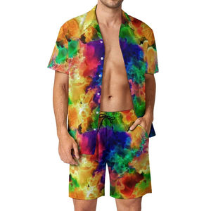 เซ็ตเสื้อฮาวายลำลองแขนสั้นของผู้ชายเสื้อมีกระดุมไนลอนพิมพ์ลายมัดย้อมพิมพ์ลายชายหาดสำหรับฤดูร้อน2024 - Product Image 4