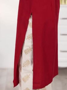 Conjunto de Kurta de Verano 2024 para Mujer, Color Rojo Sólido, Algodón Puro, Elegante, Manga Larga, Cuello Mandarín, con Adorno Zari - Product Image 4