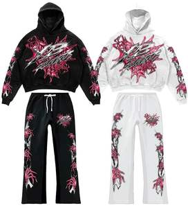 Ensemble sweat à capuche et pantalon de survêtement personnalisé pour l'hiver, effet délavé à l'acide, avec strass, logo personnalisé, style vintage, en tissu épais, pour l'entraînement - Product Image 1