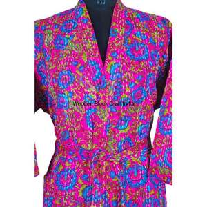 Indian Handmade Organic Kantha Quilted Kimono Jacket for Women Eco-Friendly Cotton Floral <b>Print</b> Spring Autumn Sleepwear Robe - Product Image 3