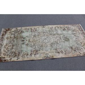 Turkish Rug 3.2x7 ft, <b>Brown</b> Green Check <b>Wool</b> Vintage Rug - Product Image 3