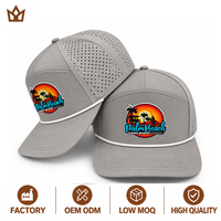 Casquette de baseball en polyester à 5 panneaux avec logo personnalisé, patch en PVC caoutchouc, corde, imperméable, séchage rapide, découpe laser, chapeau de sport de golf, vente en gros OEM ODM