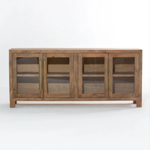 Aparador Moderno Premium Hecho a Mano de Madera de Mango Maciza de 4 Puertas con Puertas de Vidrio para Comedor, Sala de Estar, Cocina - Product Image 1