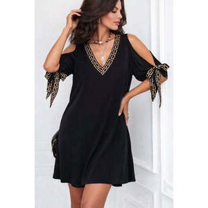 Robe courte à manches courtes et col en V pour femme, 35970 - Noir - Product Image 2