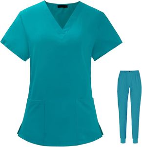 Traje de uniforme médico Srubs de Color azul con logotipo personalizado, conjunto de enfermería sólido con cuello en V, Tops, uniforme de enfermera médica para mujer - Product Image 3