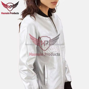 Chaqueta Bomber de Cuero Metálico Plateado para Mujer, con Ribete Negro, Cierre Frontal con Cremallera, Bolsillo Acolchado en el Pecho, Abrigo Personalizado para Invierno - Product Image 5