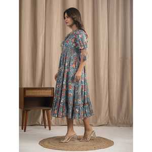 Vestido de Algodón Mulmul Azul Marino con Estampado a Mano, Estilo Boho-Elegante, Casual, Cintura Natural, Transpirable, Diseño Sostenible, ODM - Product Image 6