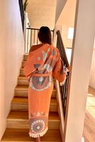 Robe caftan femme plage couvrir broderie Tribal ethnique imprimé grande taille col en v ample Kimono Maxi robe soyeux Look grande taille