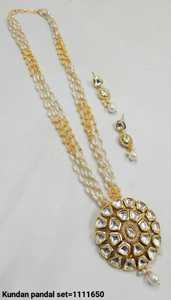 Round Stylish Kundan&<b>Drop</b> Traditional Gold Plated Pendent <b>Necklace</b> Set Matching Earring With Motipearl Chain Pendent NecklaceSet - Product Image 2