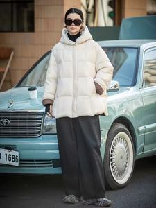 Veste d'hiver unisexe en coton imperméable respirant à capuche et patchwork, longueur régulière, blanc, duvet de canard, fermeture éclair, parka chaude - Product Image 3