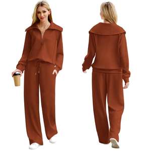 Ensemble de tenues chaudes unies pour femmes et hommes – Survêtements d'automne et d'hiver avec sweat-shirt à col montant zippé et pantalon - Product Image 1