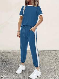 Ensemble de survêtement pour femmes en bleu, 2 pièces, été 2025, hauts à manches courtes, pantalon long de voyage, jogging, ensemble de détente - Product Image 4
