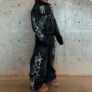 Conjunto Deportivo Personalizado con Capucha y Cremallera, Pantalones Deportivos Acampanados con Lavado Ácido y Estampado, Tendencias de Moda, Tejido Grueso - Product Image 6