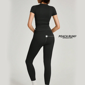 Ensemble d'entraînement pour femmes OEM personnalisé tissu côtelé respirant t-shirt leggings séchage rapide tenue athlétique bouton de dentelle pour le sport yoga - Product Image 2