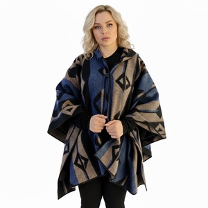 Exve Exclusive Blue Beige Black Ethnic Patterned Wool Warm <b>Poncho</b> with Hood Unisex Winter Shawl Turkey for Camping <b>Men</b> Women - Product Image 1