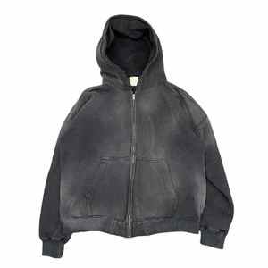 Vintage Heavyweight Cotton <b>Zip</b>-<b>Up</b> <b>Hoodie</b> for Men Acid Wash Oversized Retro Fit <b>Black</b> Stone Wash Streetwear for Winter - Product Image 1