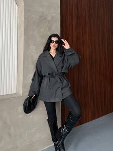 Elegant Gray Brushed <b>coat</b> fabric <b>Wool</b> Blend Trench <b>Coat</b> <b>With</b> <b>Belt</b> Full Sleeve Notched Collar Midi Length Winter Wear - Product Image 2