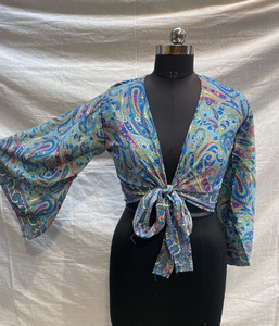 Top corto de seda para mujer, estilo cruzado corto, diseño de corbata frontal, tela suave, ligera y transpirable para trajes informales de verano, ropa de noche - Product Image 2