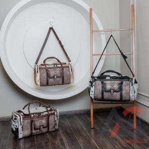 Hair on & Hand <b>Tooled</b> <b>Leather</b> Concho Duffel Western Genuine <b>Leather</b> Weekender Bag Cowhide Carryall Luxury Travel Bags for Unisex - Product Image 3