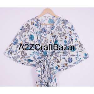 Kaftan mi-long à manches courtes en coton 100% fait main, sexy, col en V, pour femmes - Cache-maillot de plage, décontracté d'été, respirant, silhouette moulante - Product Image 2