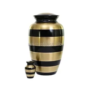 Black Gold Banded Design Metal Brass Cremation Urn for Human Ashes Classic Design Human Ashes Cremation Urn