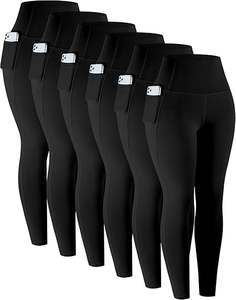 Lot de 6 pantalons de yoga doux à taille haute pour femmes Leggings d'entraînement avec logo de contrôle du ventre sur le devant Motif solide avec poches pratiques - Product Image 1