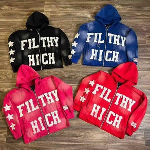 Sudadera con capucha personalizada con cremallera de peso pesado de 450 Gsm, corte y costura, parche de apliques bordados Vintage, lavado con ácido, sudadera con cremallera para hombres - Product Image 1