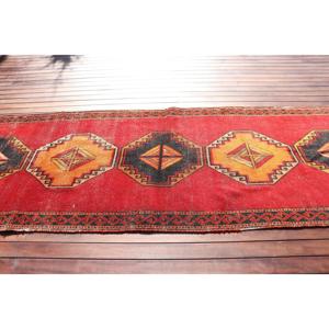 4x11.4 ft Turkish Vintage Rug, <b>Runner</b> Rug, <b>Red</b> Check Rug - Product Image 3