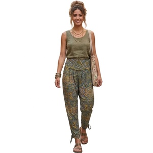 Pantalon décontracté bohème élégant et confortable à devant plat 100 % soie coupe ample pour femme, taille élastique, séchage rapide, anti-plis, écologique - Product Image 1