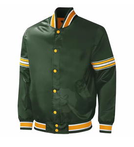 Veste universitaire en satin vert pour homme blouson d'aviateur brillant Vêtements d'extérieur streetwear style baseball rétro avec détails à rayures jaunes et blanches - Product Image 1