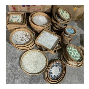 Plateau de service en rotin fait main écologique avec incrustation de nacre, plateau tissé pour la décoration de la maison - Product Image 2