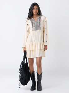 Vestido escalonado algodón bordado azteca crema cachemir Bombay - Product Image 1