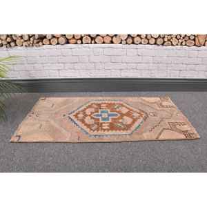 Alfombra Vintage de 1.4x2.7 pies, Alfombra Turca Pequeña, Alfombra de Lana con Estampado Animal en Tonos Marrón y Azul - Product Image 1