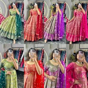 Beautiful Banarasi Silk Anarkali Gown Pakistani Salwar Kameez With Gotta Work New Trendiest <b>Outfit</b> Exporter From India - Product Image 5