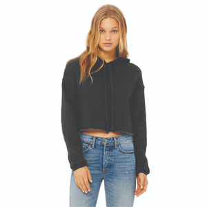 Dark Grey Cropped Women <b>Fleece</b> <b>Hoodie</b> Pullover Style 52% Airlume Combed Ring Spun Cotton 48% Poly Raw Hem Dropped Shoulder - Product Image 1