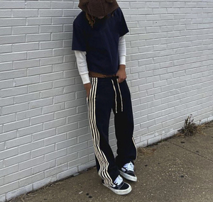 Unisex Side Stripes Double Waisted Sweatpants <b>Men</b> Custom French Terry Cotton Baggy Straight Leg Track Pants Jogger - Product Image 3